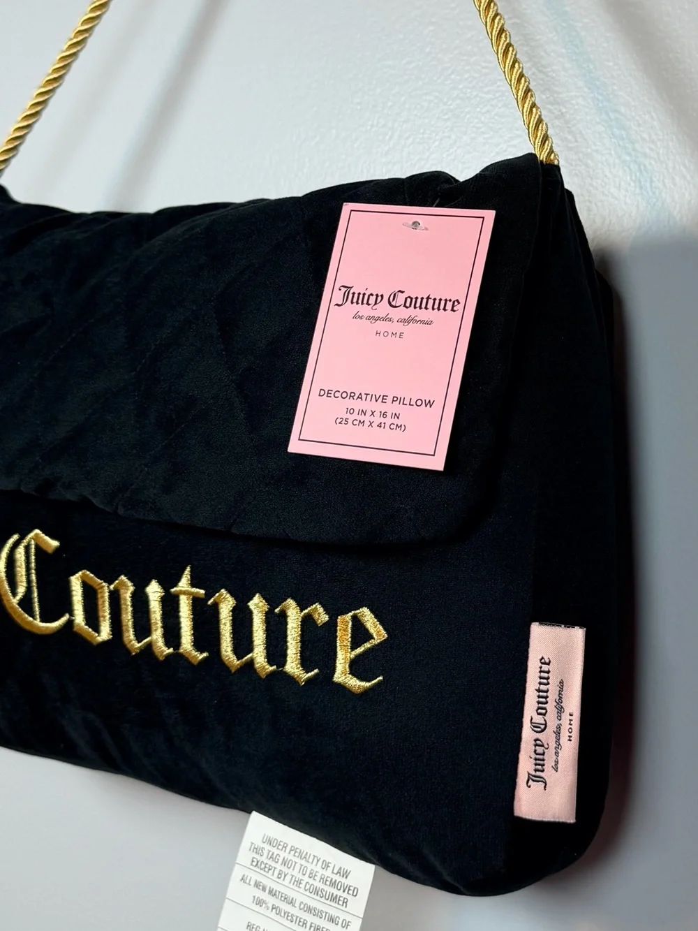 Juicy Couture Home Black Purse Decorative Pillow Gold Logo NWT 10x16